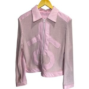 Jennyfer J Pink Faux Leather Ribbed Knit Zip Up Jacket Womens XL Y2K Barbiecore